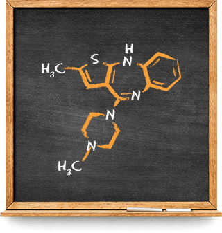 Learn about olanzapine, one of the two components of LYBALVI® (olanzapine and samidorphan) Chemical structure of the olanzapine molecule, in orange